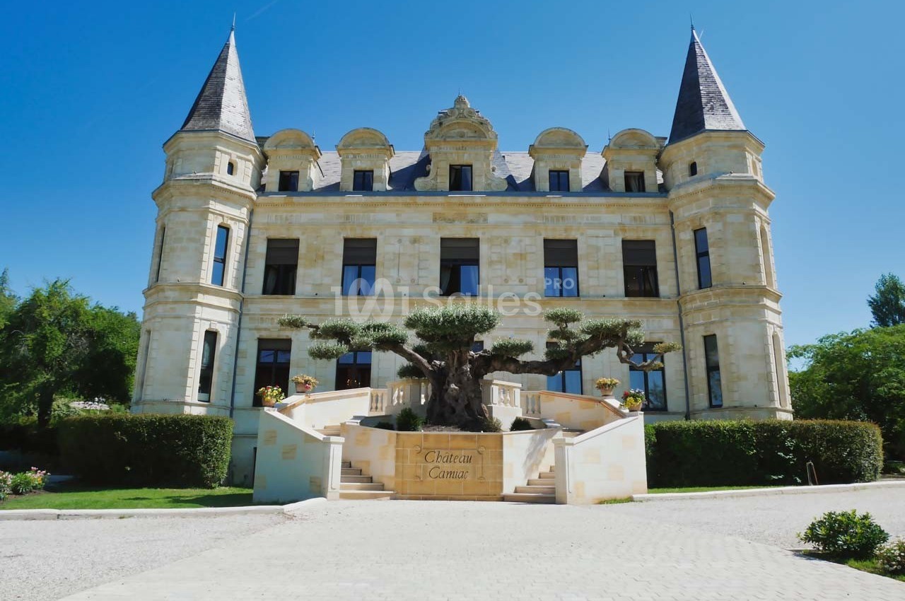 Façade d'un château en pierre avec quatre tours, un escalier central et un grand olivier devant l'entrée.