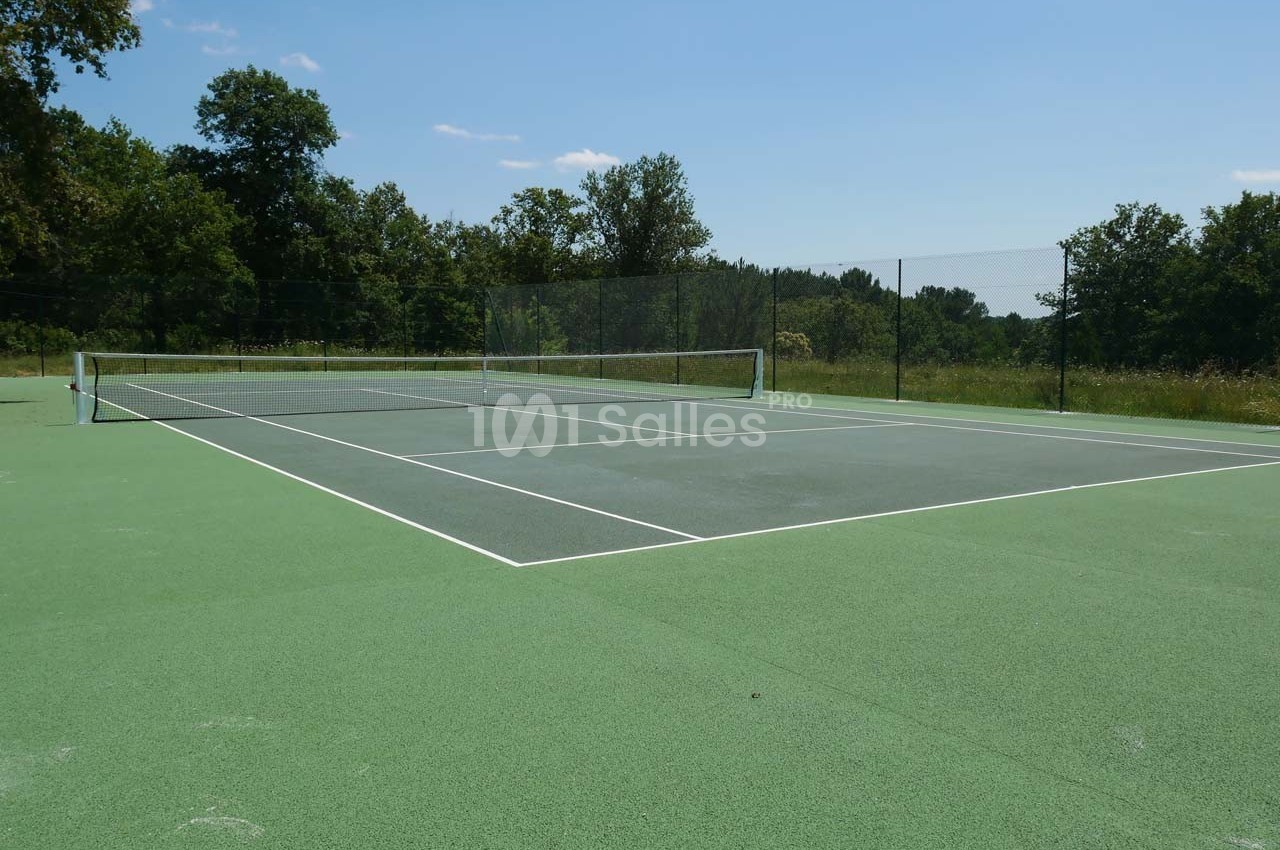 Terrain de tennis extérieur en gazon synthétique, entouré de végétation et clôturé par un grillage.