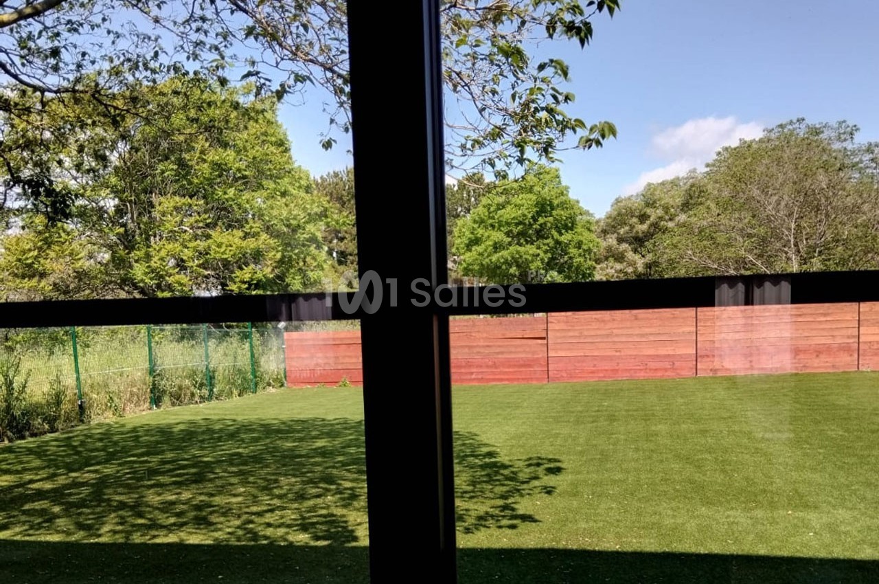 Vue depuis une fenêtre sur un jardin avec pelouse, clôtures en bois et végétation sous un ciel partiellement dégagé.