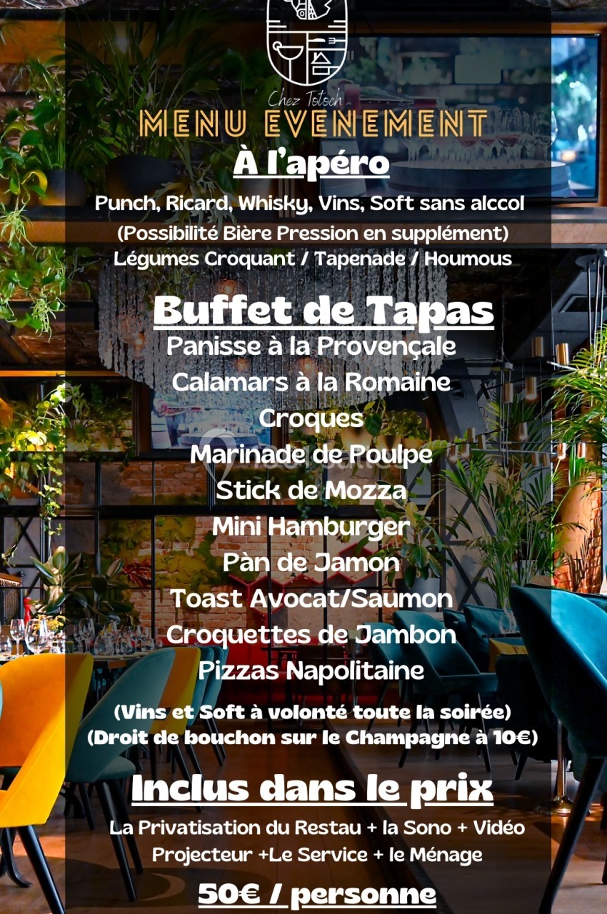 Carte d'un menu événementiel affichant des options d'apéritifs, un buffet de tapas varié et des informations tarifaires.