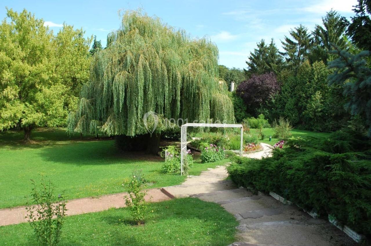 Allée bordée de verdure menant à un jardin avec un grand saule pleureur et des massifs fleuris.