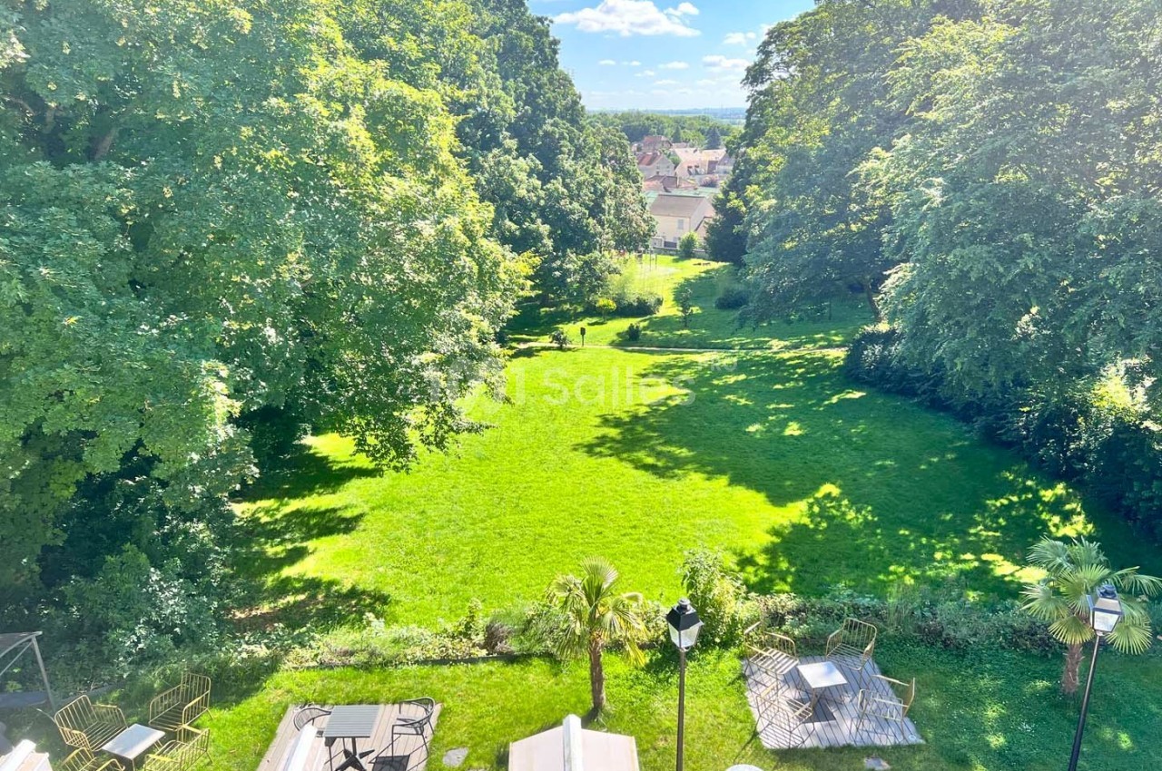 Vue d'un grand jardin verdoyant entouré d'arbres, avec quelques tables et chaises disposées en terrasse.