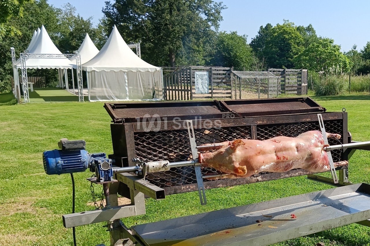 Un cochon rôti à la broche en cuisson dans un jardin avec des tentes blanches en arrière-plan.