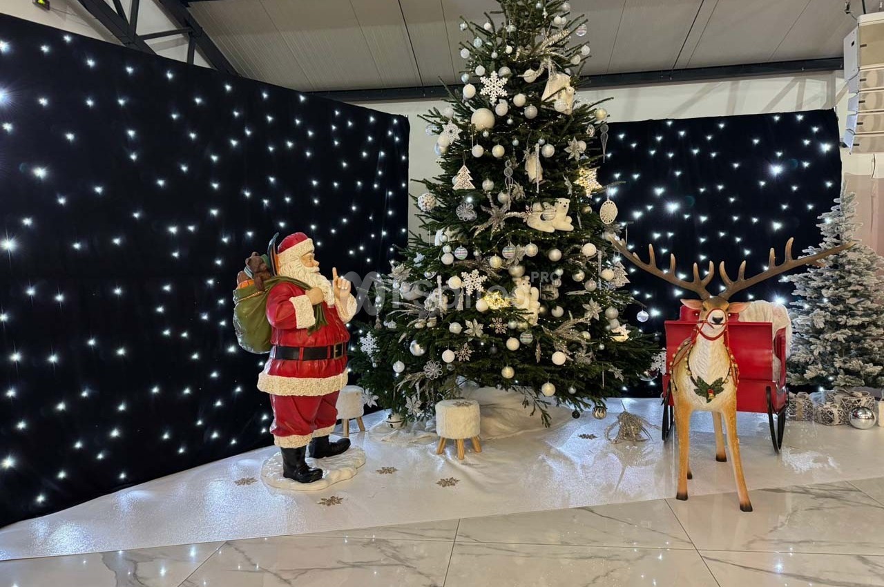 Décor de Noël avec un sapin illuminé, un Père Noël, un renne en bois et un fond étoilé dans un espace intérieur.