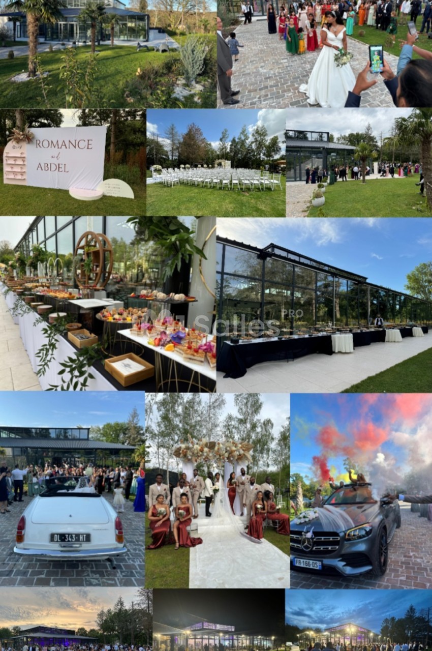 Montage de photos montrant un mariage en extérieur avec invités, décorations, voitures de luxe et une cérémonie dans un…