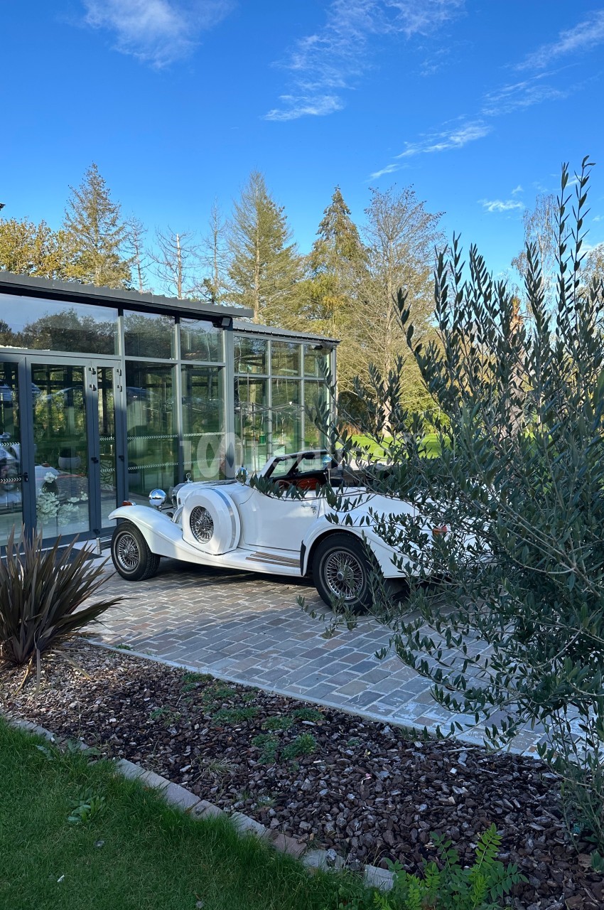 Voiture ancienne blanche stationnée devant une véranda moderne, entourée de végétation et d'arbres.