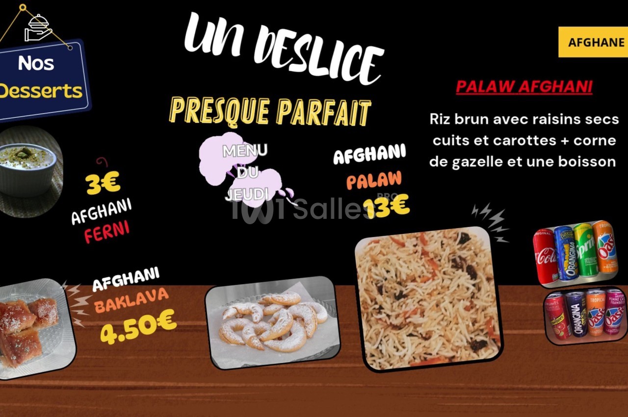 Image présentant un menu de plats afghans avec desserts, boissons et prix affichés sur un fond noir.