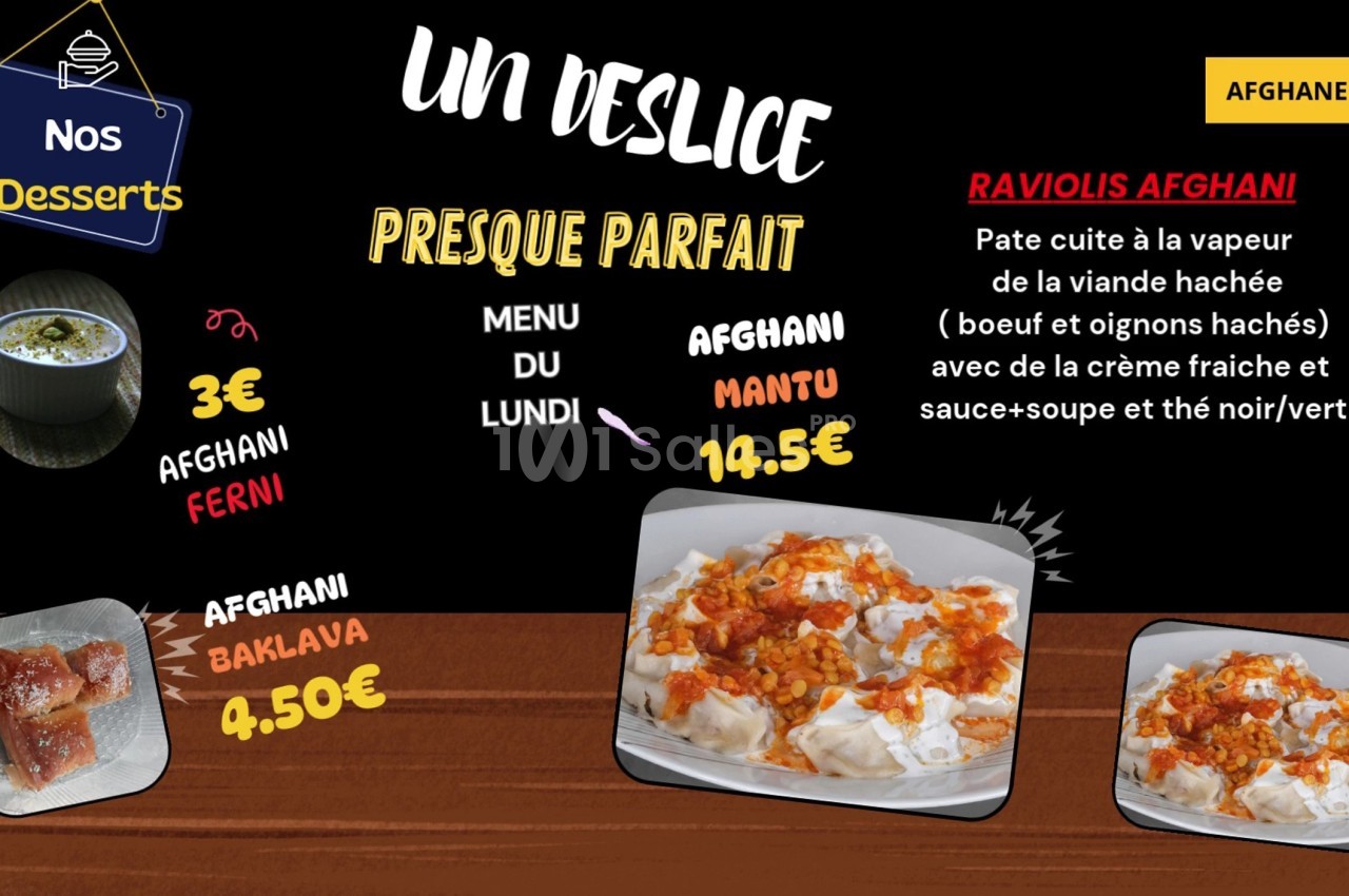 Image d'un menu mettant en avant des plats afghans, avec photos et prix des desserts et raviolis afghans.