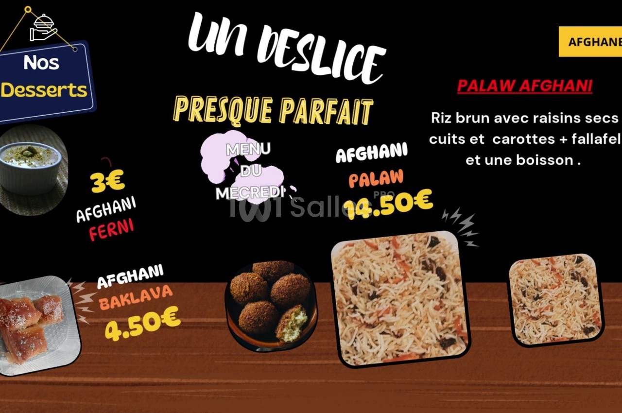 Image présentant un menu avec des desserts et plats afghans, incluant prix et descriptions, sur fond noir et jaune.