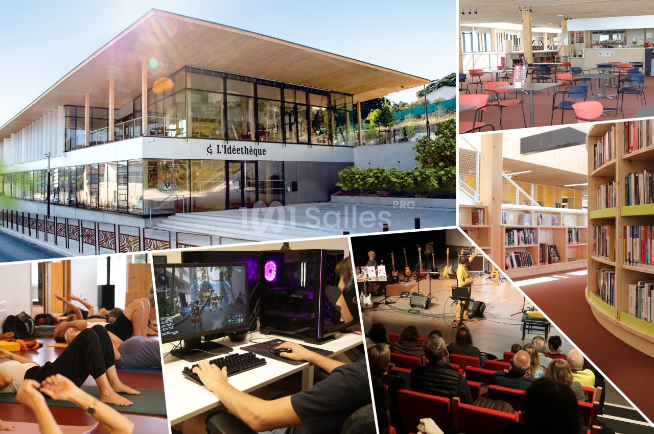 Vue d'une médiathèque moderne avec espaces de lecture, activités culturelles, concerts, jeux vidéo et cours collectifs.