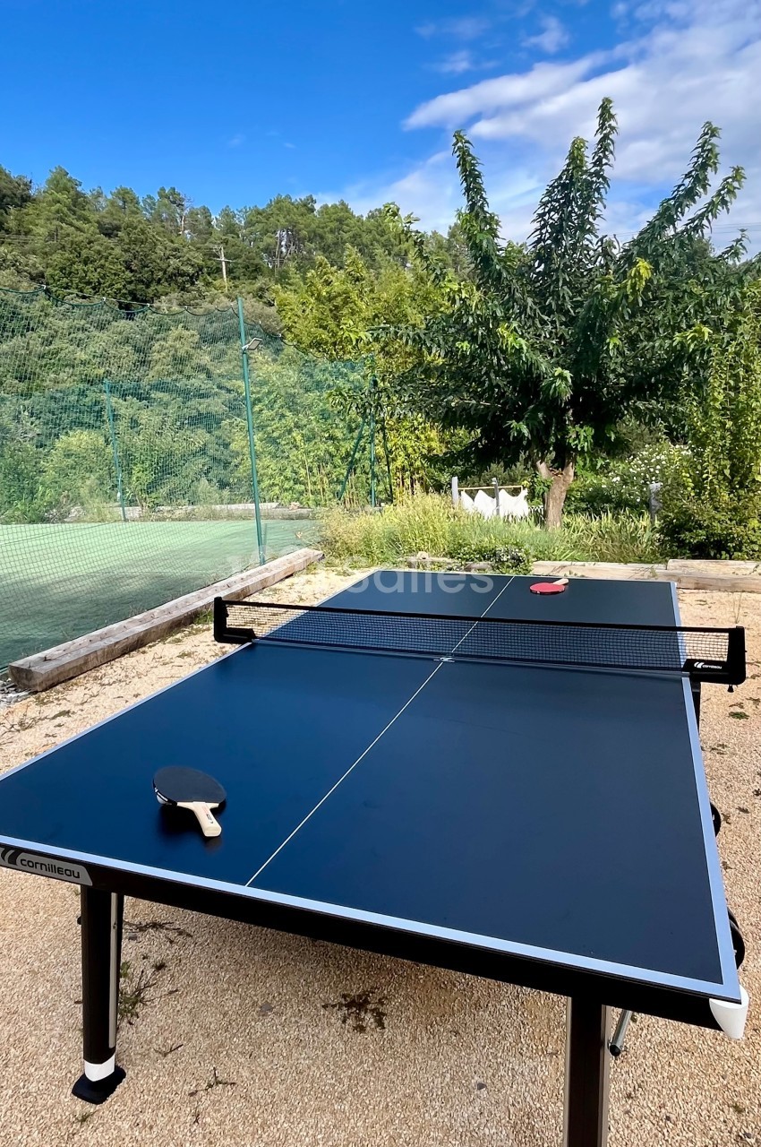 Table de ping-pong en extérieur, avec deux raquettes posées, entourée de végétation et d'un terrain de sport.