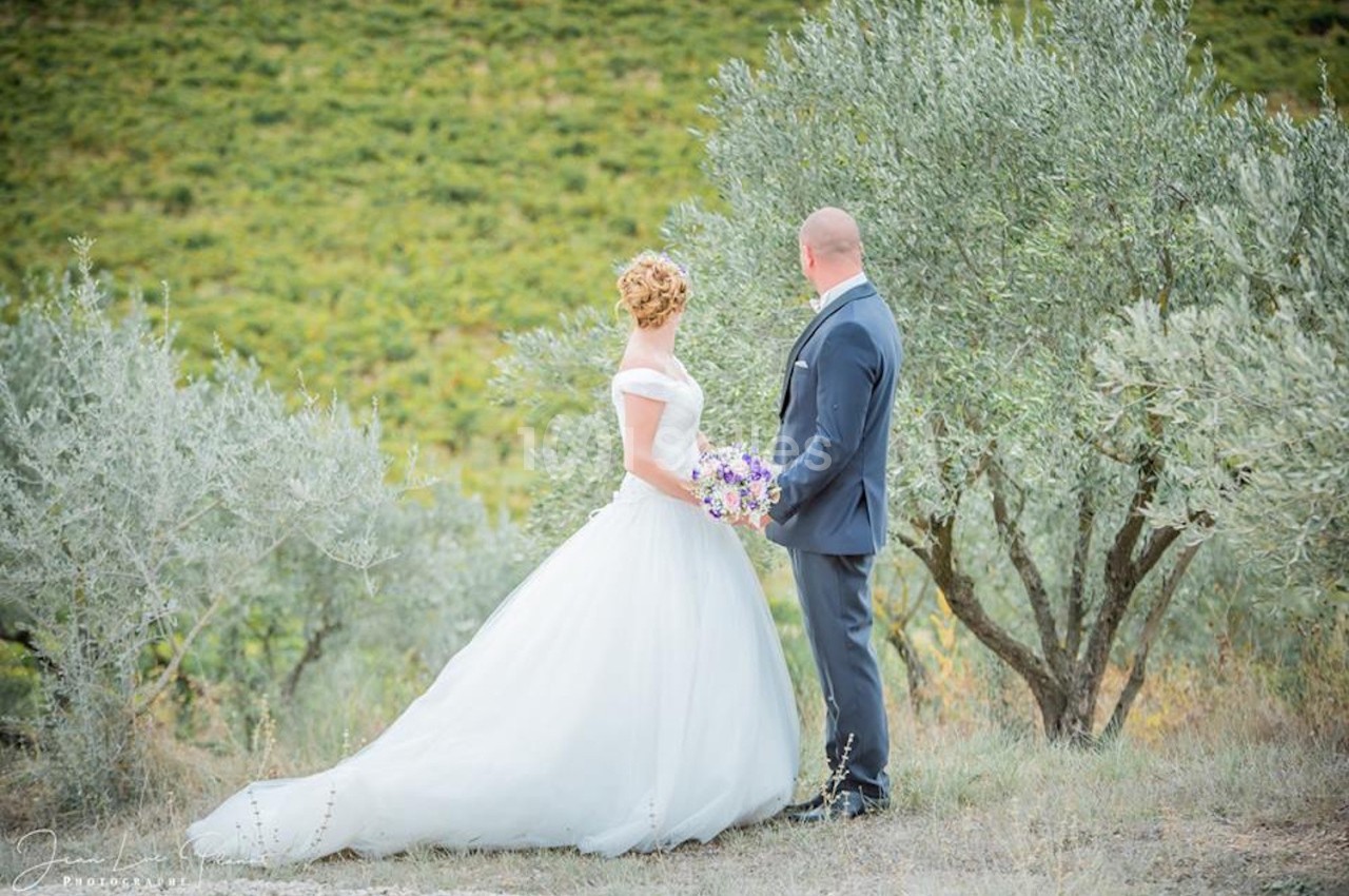 Un couple de mariés debout dans un paysage champêtre, entouré d'oliviers et de verdure.