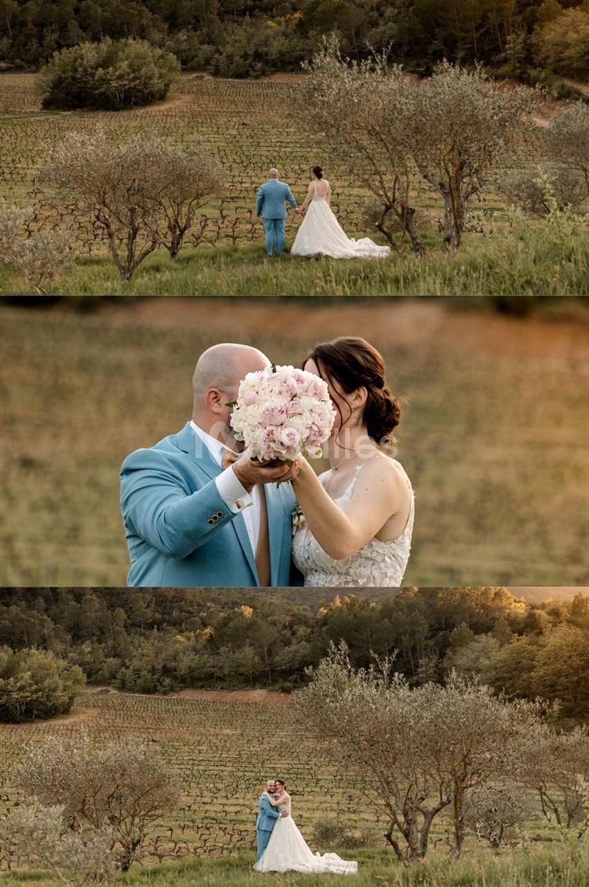 Un couple en tenue de mariage dans un paysage champêtre, entouré de vignes et d'arbres, tenant un bouquet de fleurs.