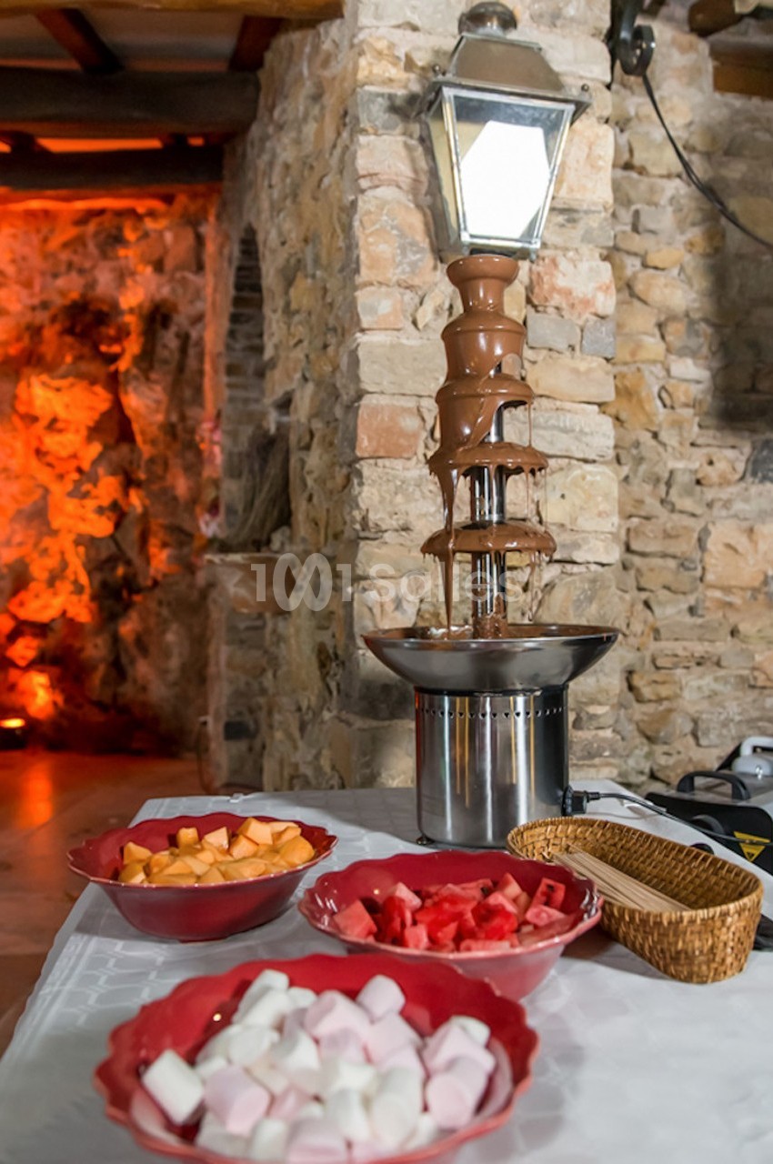 Fontaine à chocolat entourée de bols contenant des morceaux de fruits et des guimauves, disposés sur une table.