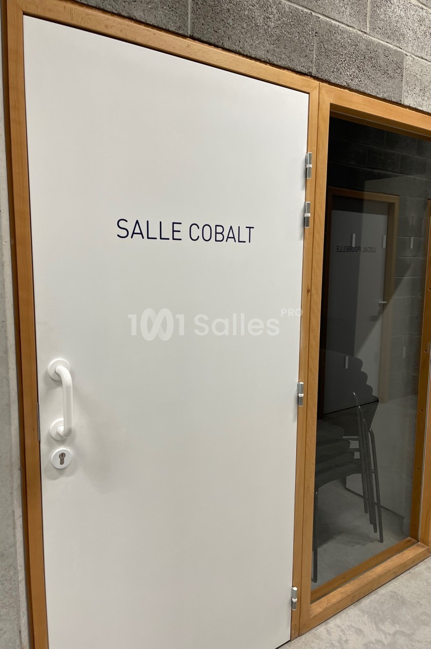 Porte blanche avec inscription ’Salle Cobalt’, encadrée de bois, à côté d'une paroi vitrée donnant sur une salle.