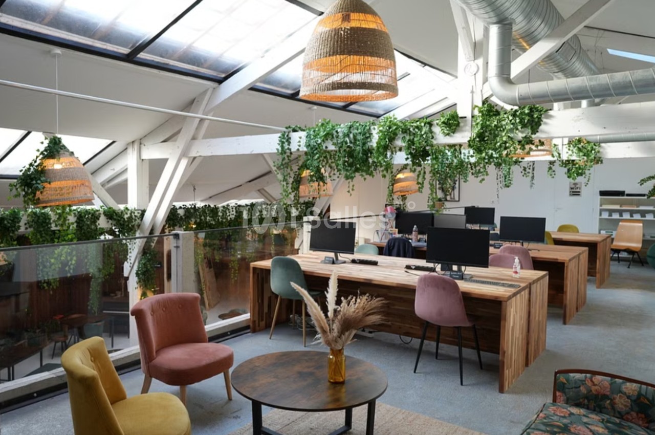 Espace de travail lumineux avec des bureaux en bois, des plantes suspendues et des fauteuils colorés.