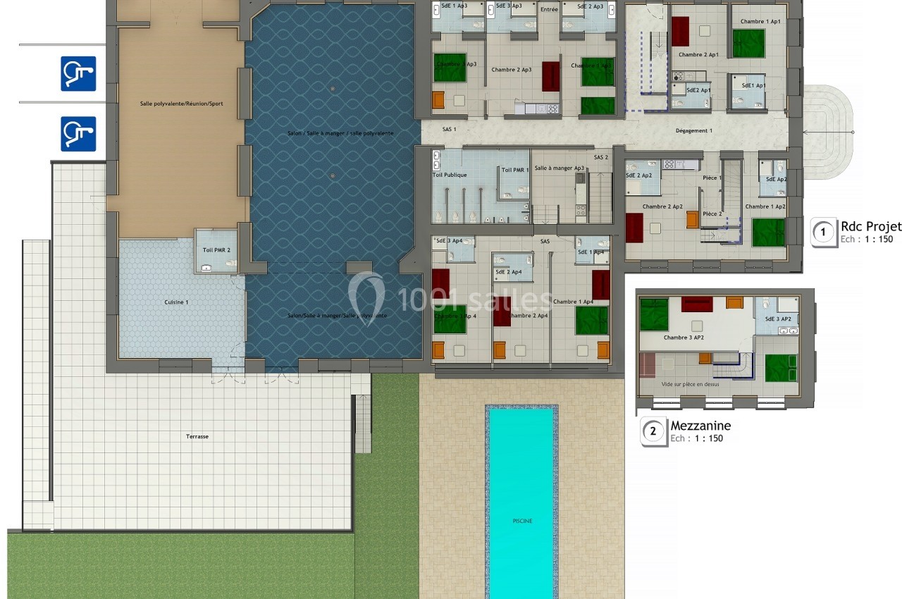 Plan architectural d'une maison avec piscine, comprenant des chambres, une salle polyvalente et des espaces accessibles PMR.