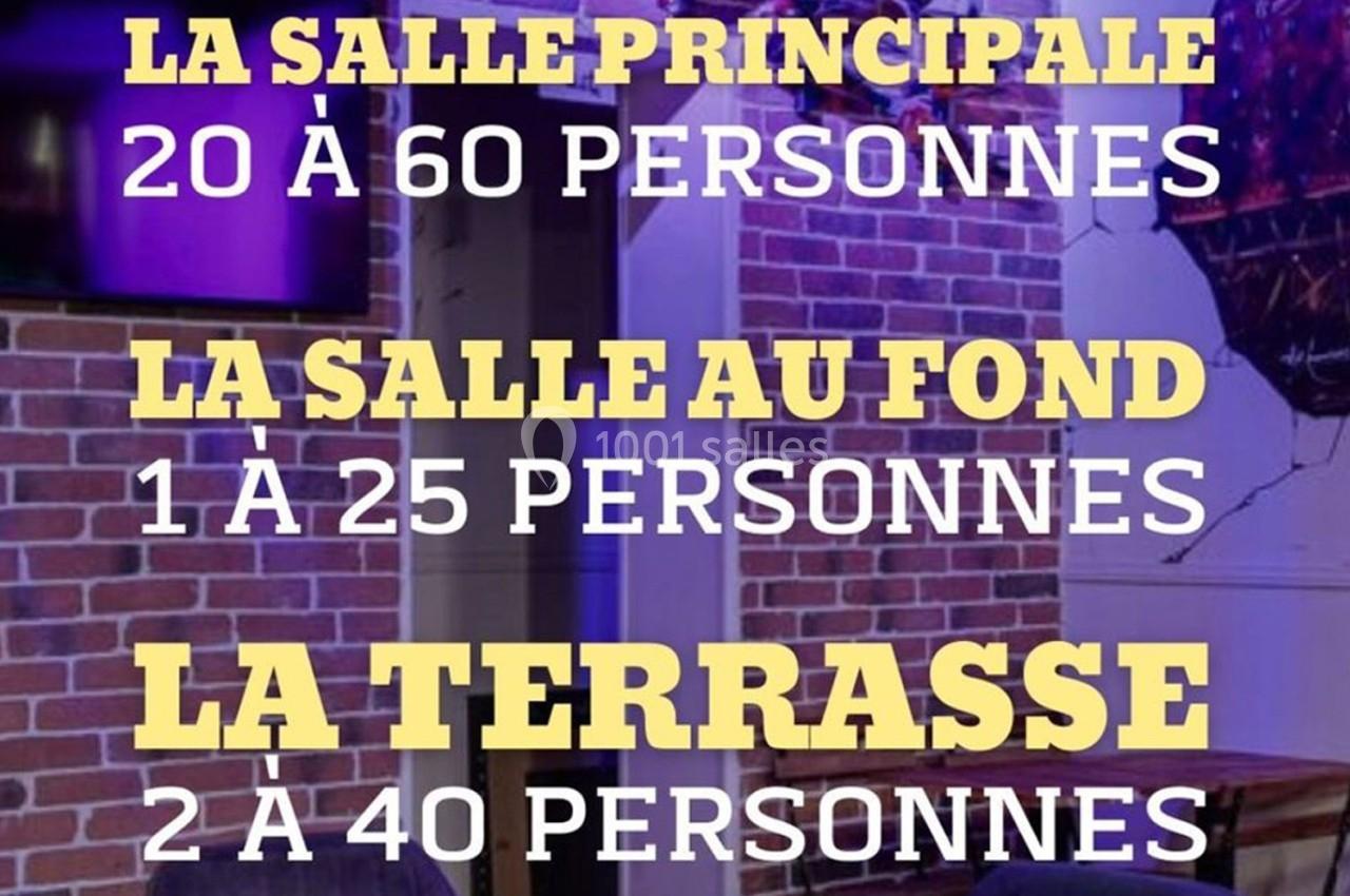 Texte sur un mur en briques indiquant les capacités d'accueil de trois espaces : salle principale, salle au fond, terrasse.