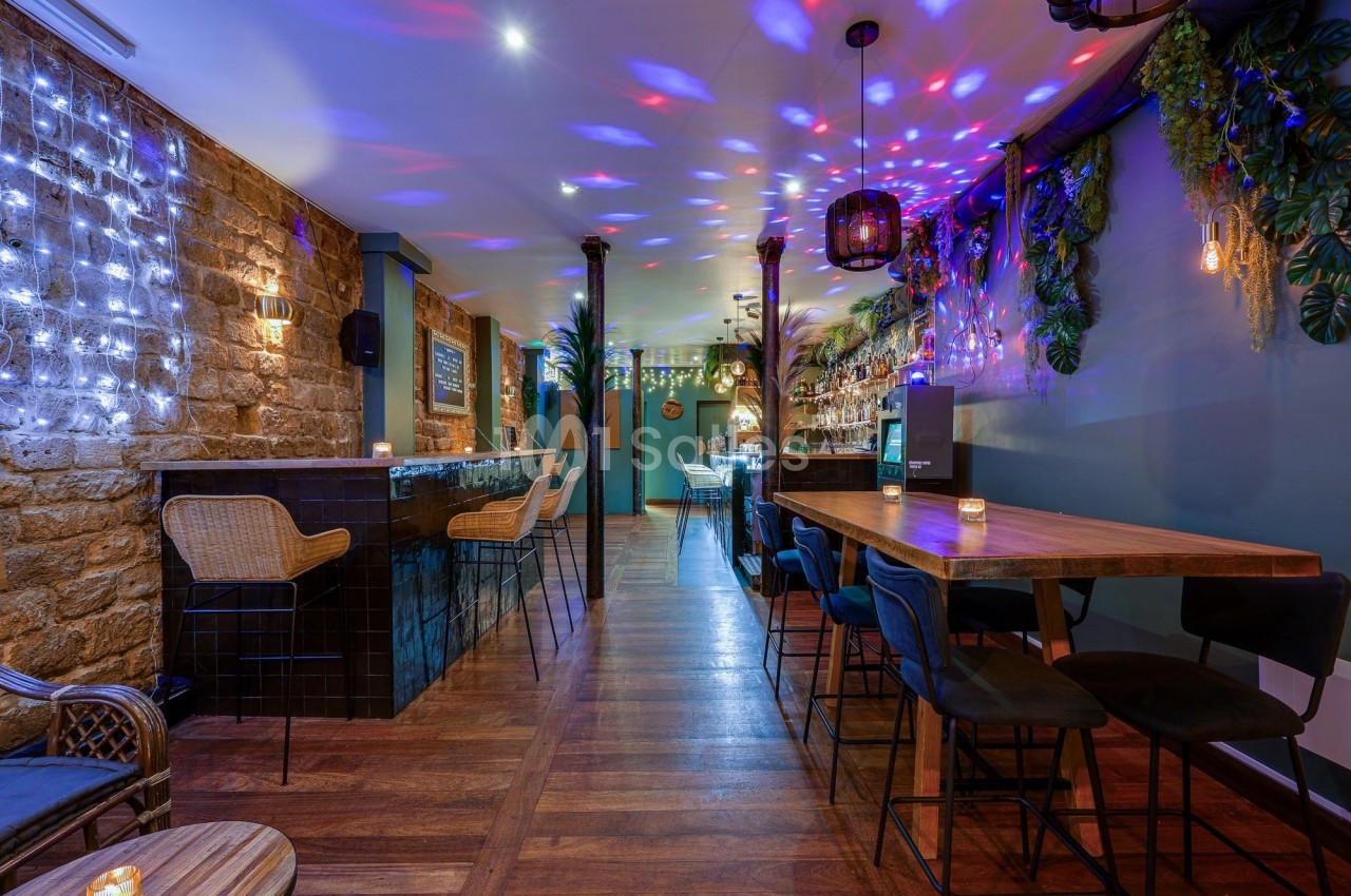 Intérieur d'un bar avec murs en pierre, éclairage coloré, plantes suspendues et mobilier en bois et métal.