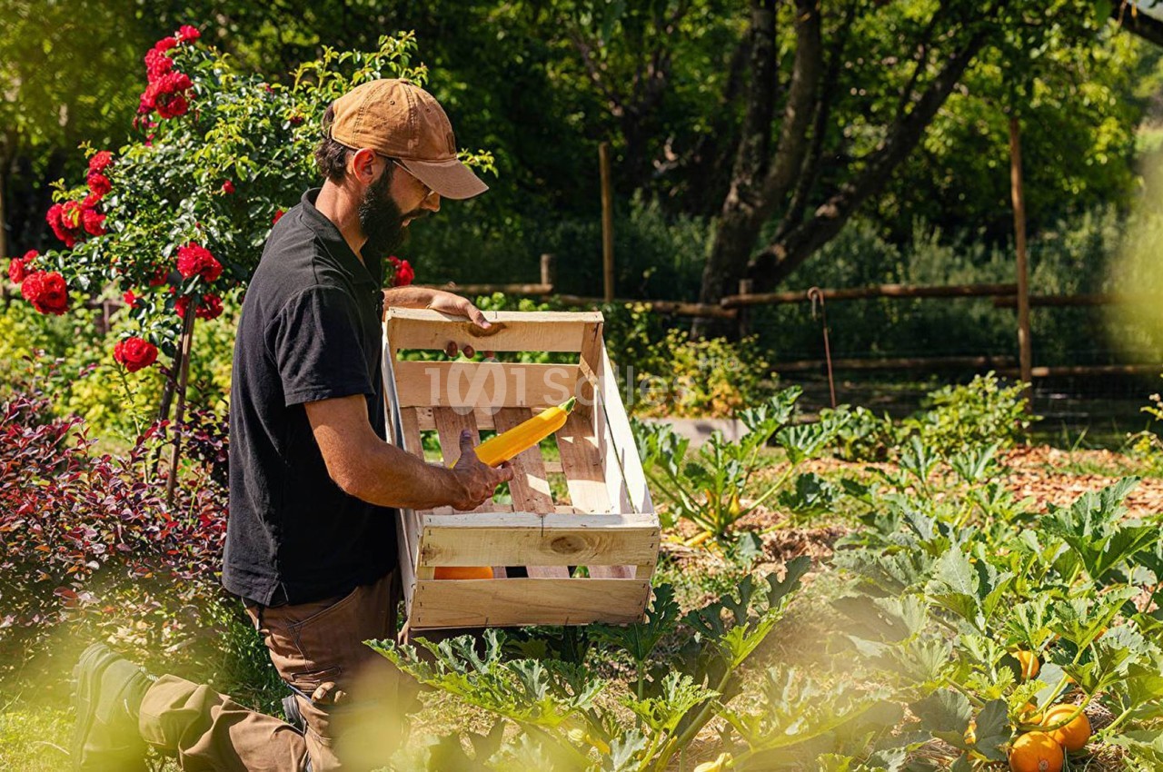 Un homme cueille des légumes dans un jardin potager fleuri, tenant une caisse en bois remplie de récoltes.