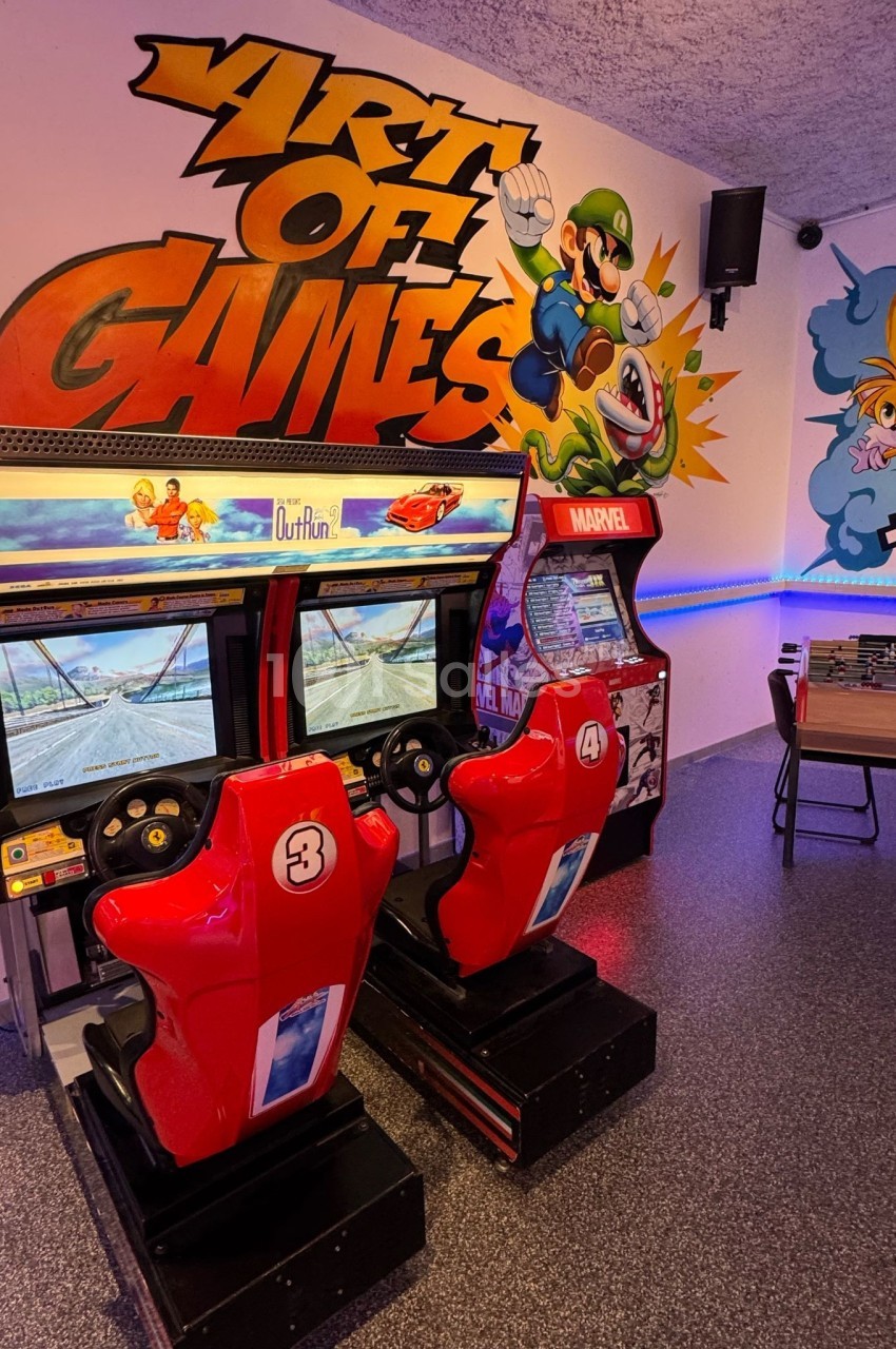 Deux bornes d'arcade rouges avec écrans, décorées par des illustrations murales colorées de personnages de jeux vidéo.
