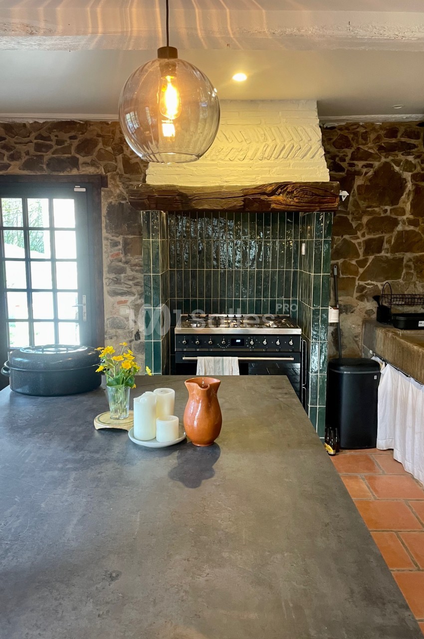 Cuisine rustique avec murs en pierre, cuisinière à gaz, plan de travail en béton et décoration simple avec fleurs et bougies.
