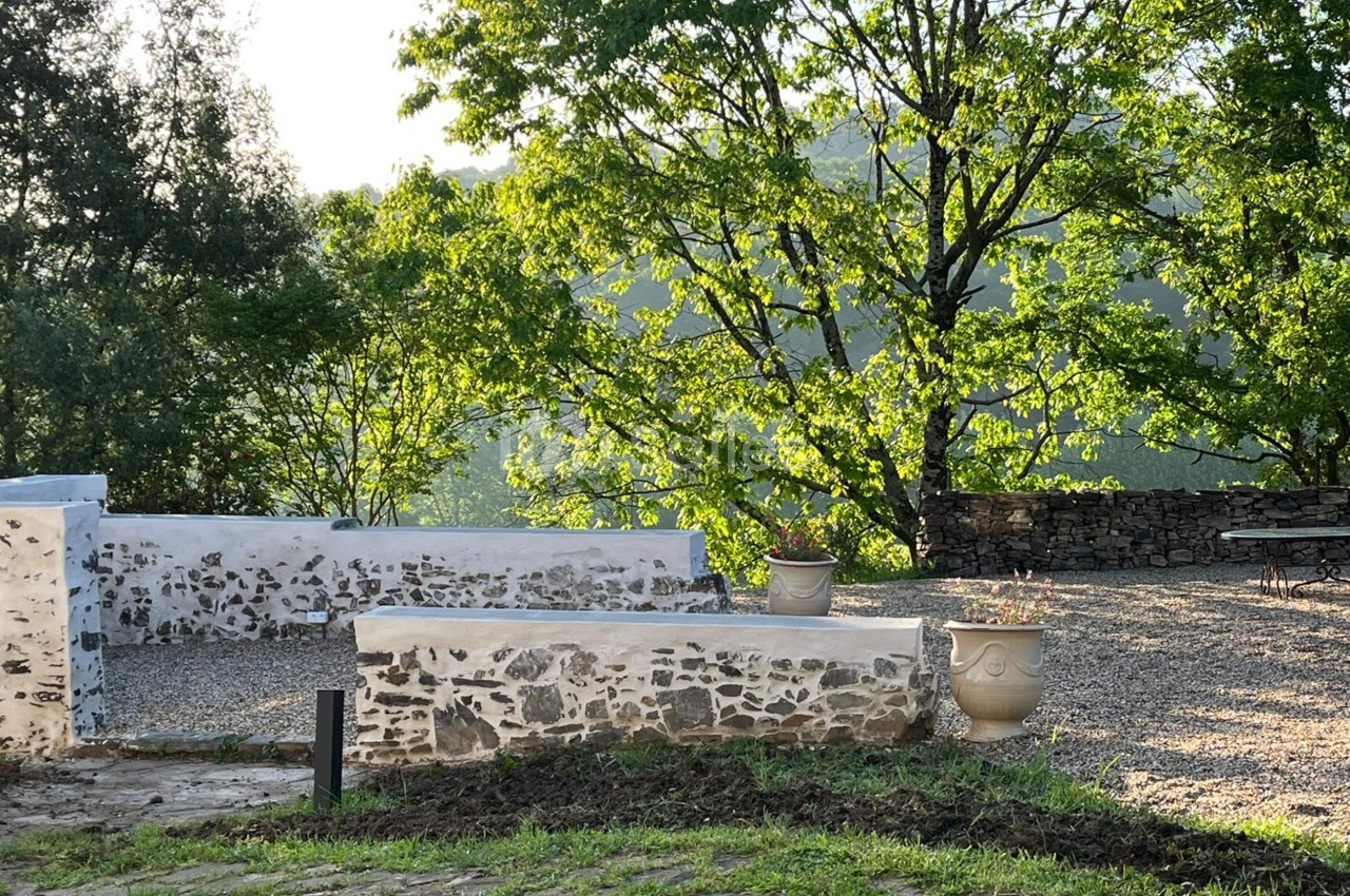 Cour extérieure ensoleillée avec bancs en pierre, pots de fleurs et arbres verdoyants en arrière-plan.