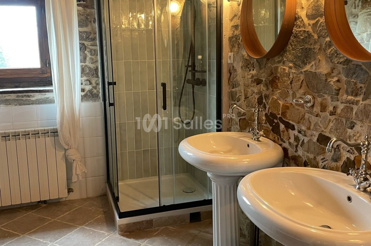 Salle de bain avec deux lavabos sur pied, une douche vitrée et des murs en pierre apparente.