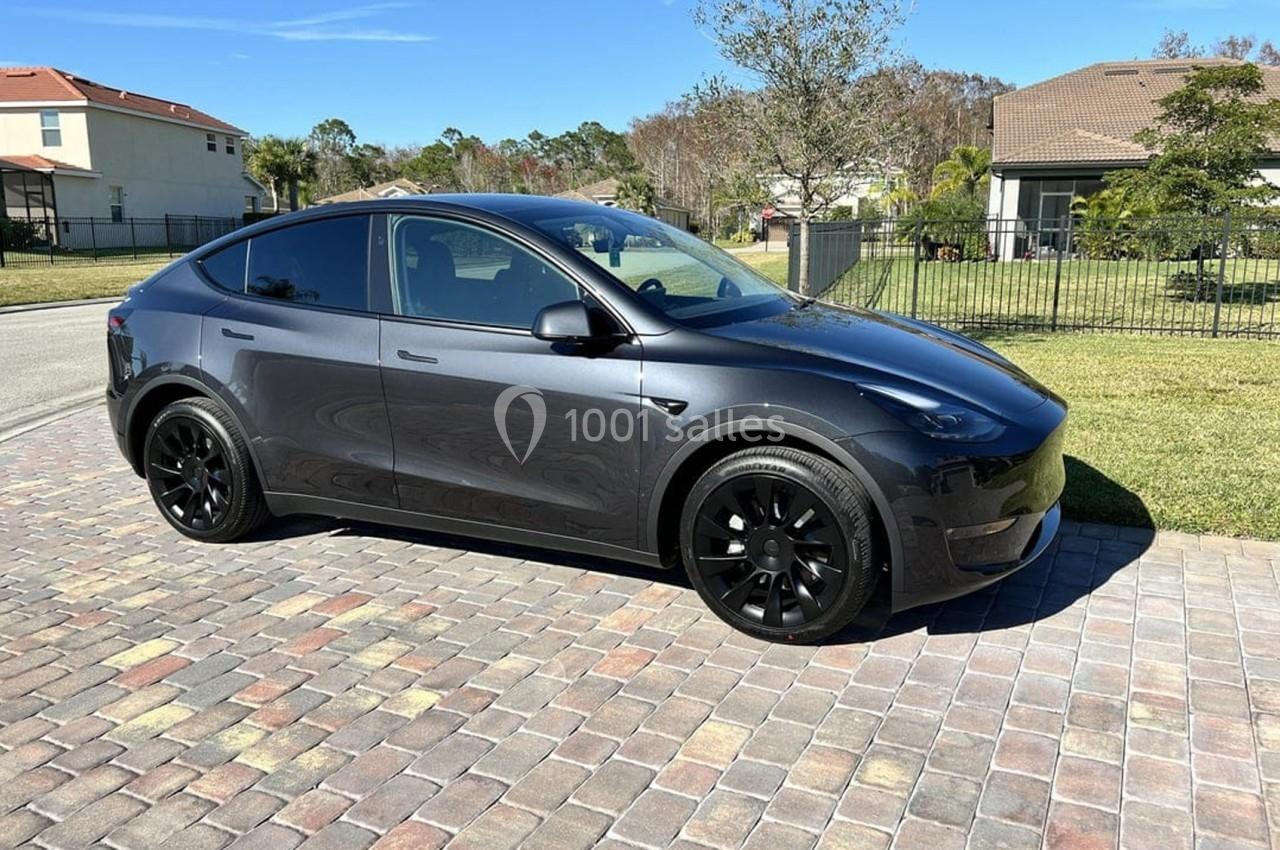 Voiture électrique noire garée sur une allée pavée, avec des maisons et des arbres en arrière-plan.