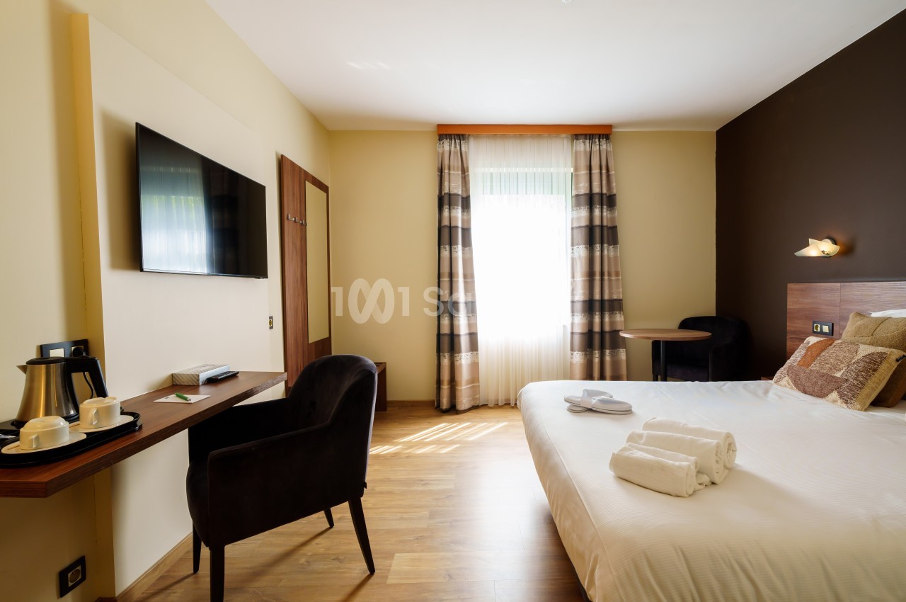 Chambre d'hôtel lumineuse avec lit double, bureau, télévision murale, fauteuil et fenêtre avec rideaux.