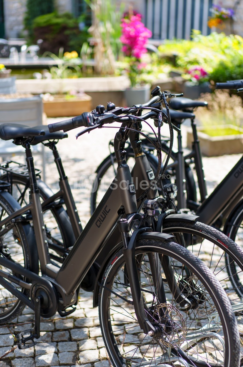 Trois vélos électriques noirs stationnés sur un sol pavé, avec un jardin fleuri en arrière-plan.