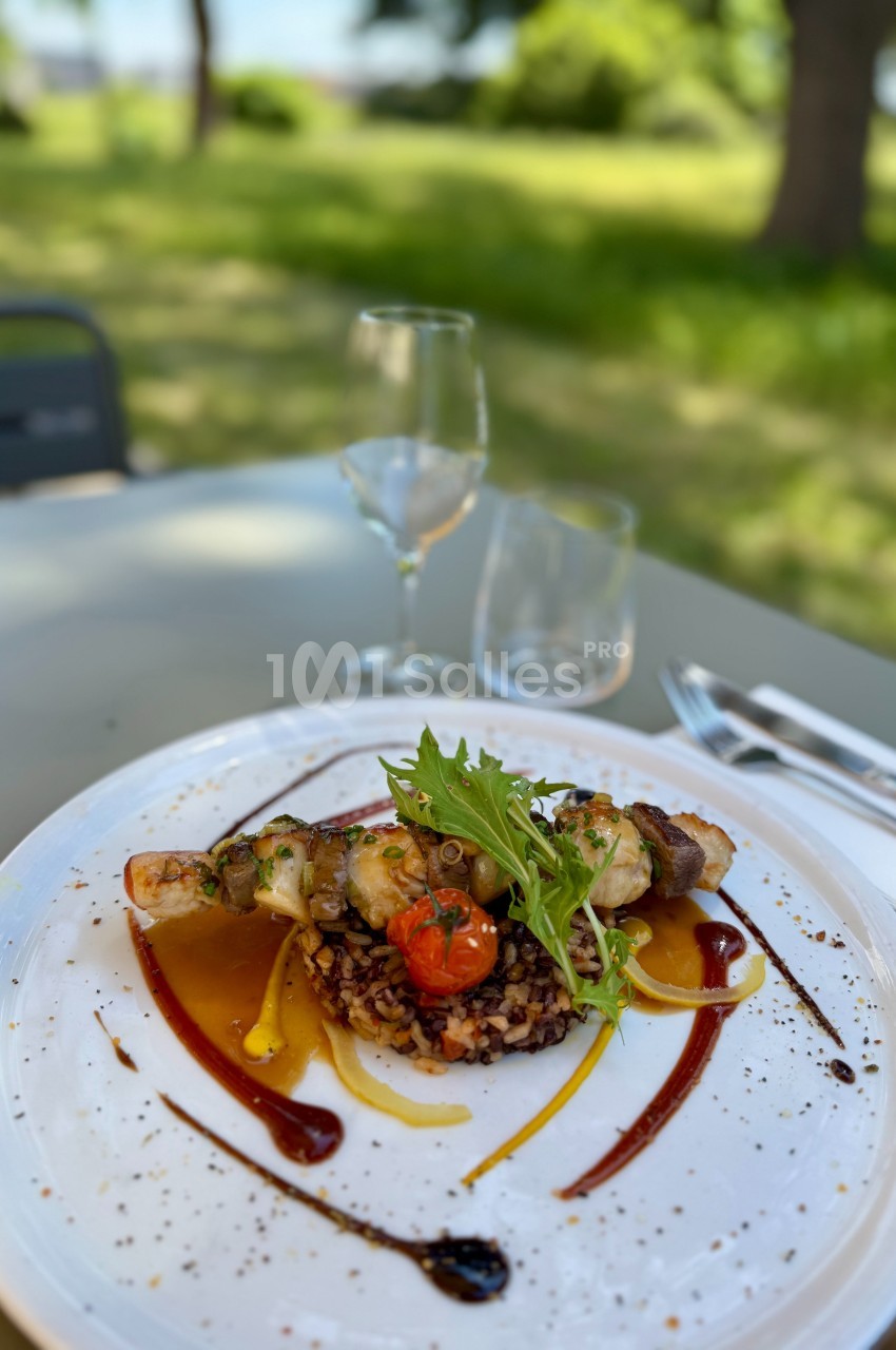 Assiette de brochettes de fruits de mer avec légumes, sauce colorée et riz, servie en extérieur sur une table dressée.
