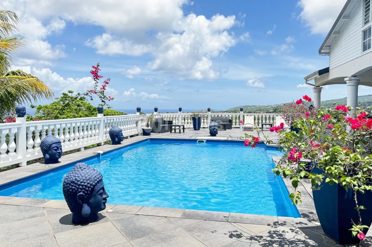 Piscine extérieure entourée de statues de têtes de Bouddha, fleurs tropicales et vue dégagée sur un paysage lointain.