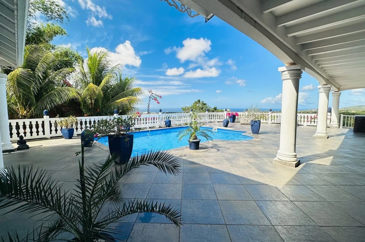 Terrasse spacieuse avec piscine, palmiers et vue dégagée sur la mer sous un ciel bleu.