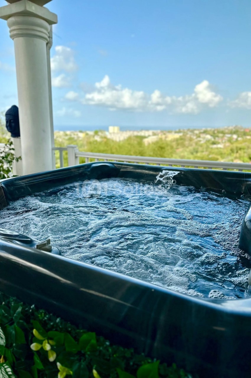 Vue d'un jacuzzi en extérieur avec de l'eau bouillonnante, entouré de verdure et donnant sur un paysage urbain lointain.
