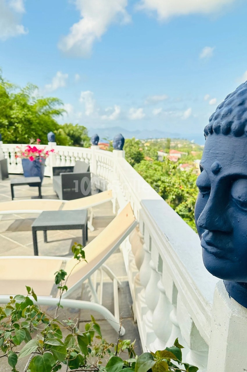 Statues de têtes de Bouddha bleues décorant une terrasse ensoleillée avec vue sur un paysage verdoyant.