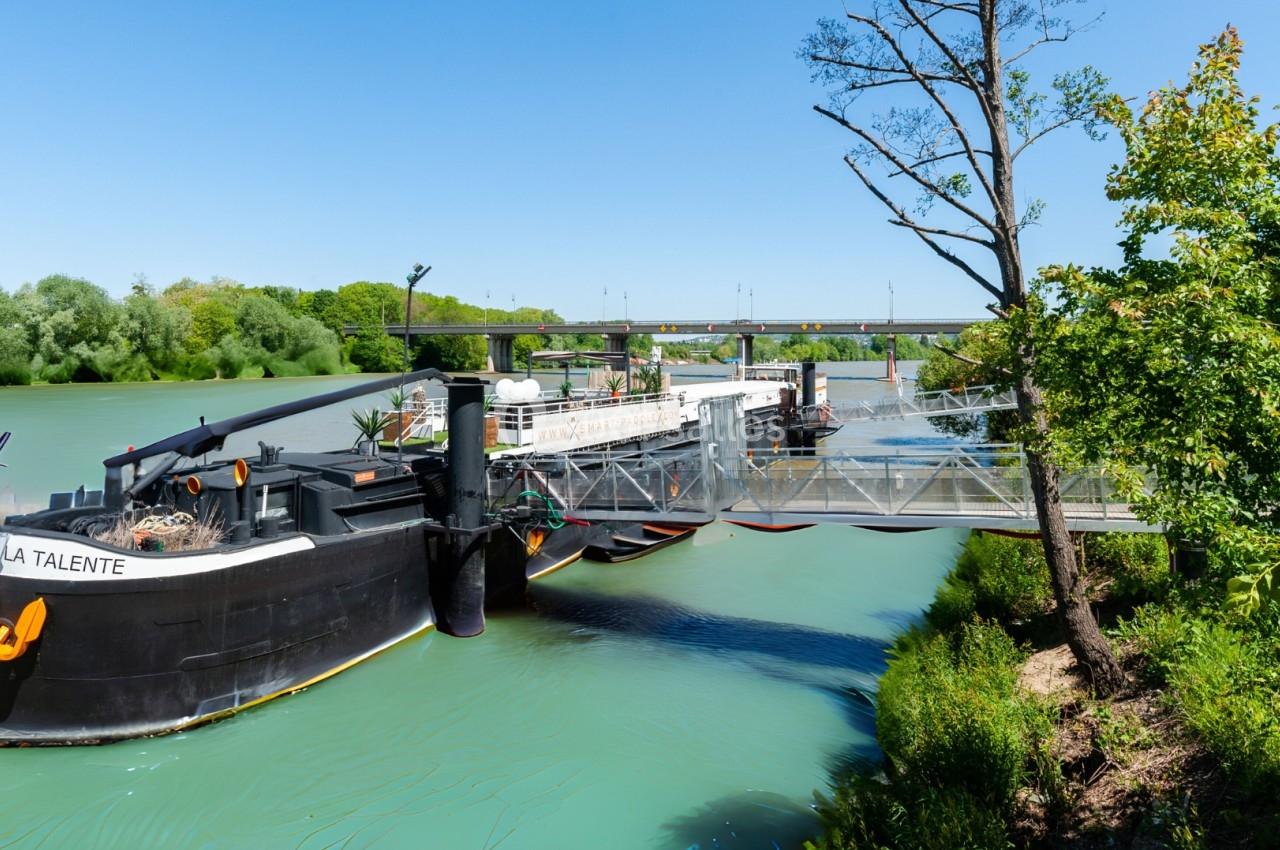 Péniche noire amarrée sur une rivière, entourée de végétation et d'un pont métallique sous un ciel bleu.