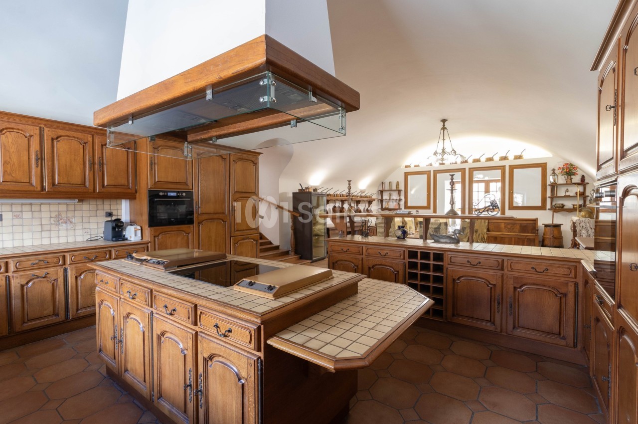 Cuisine spacieuse avec meubles en bois, îlot central carrelé, hotte suspendue et éclairage naturel.
