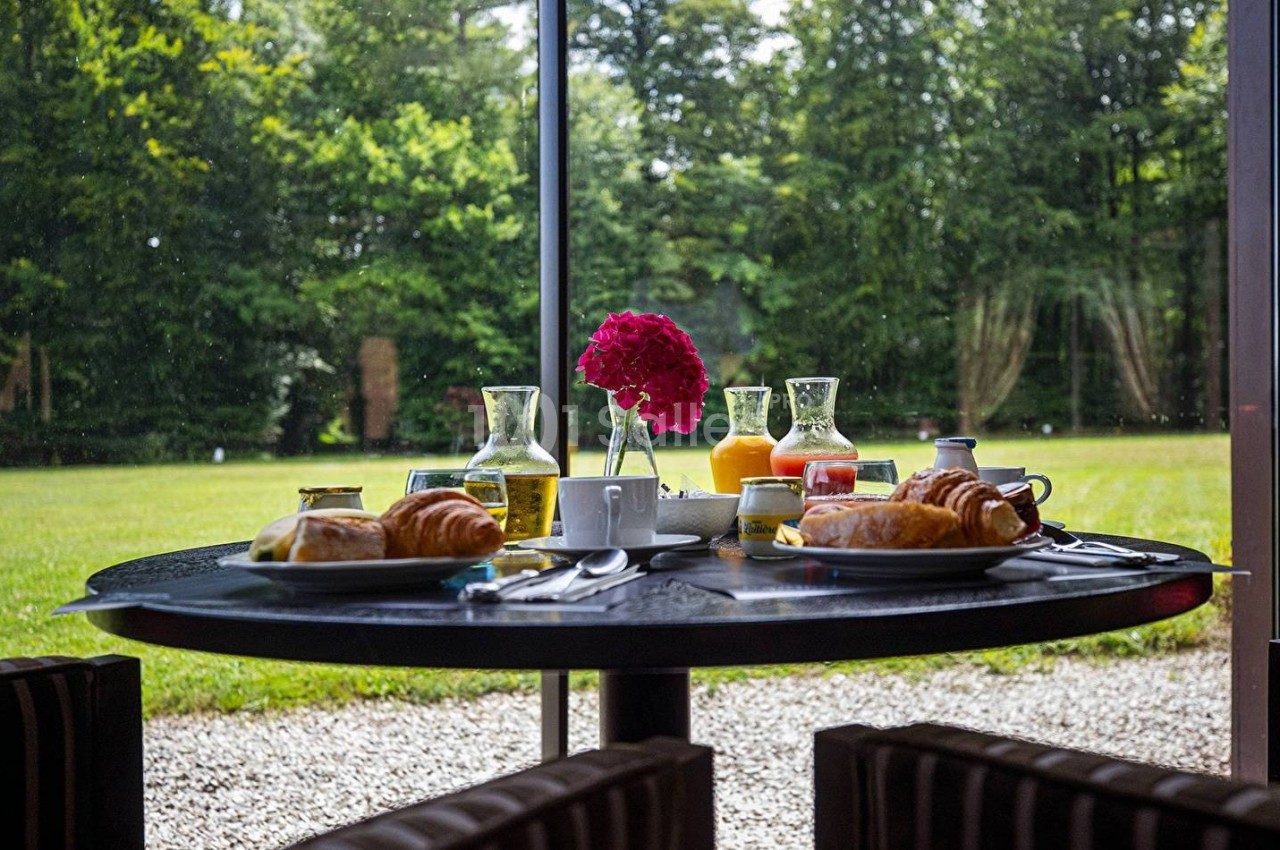 Table de petit-déjeuner avec croissants, jus et fleurs, placée près d'une baie vitrée donnant sur un jardin verdoyant.