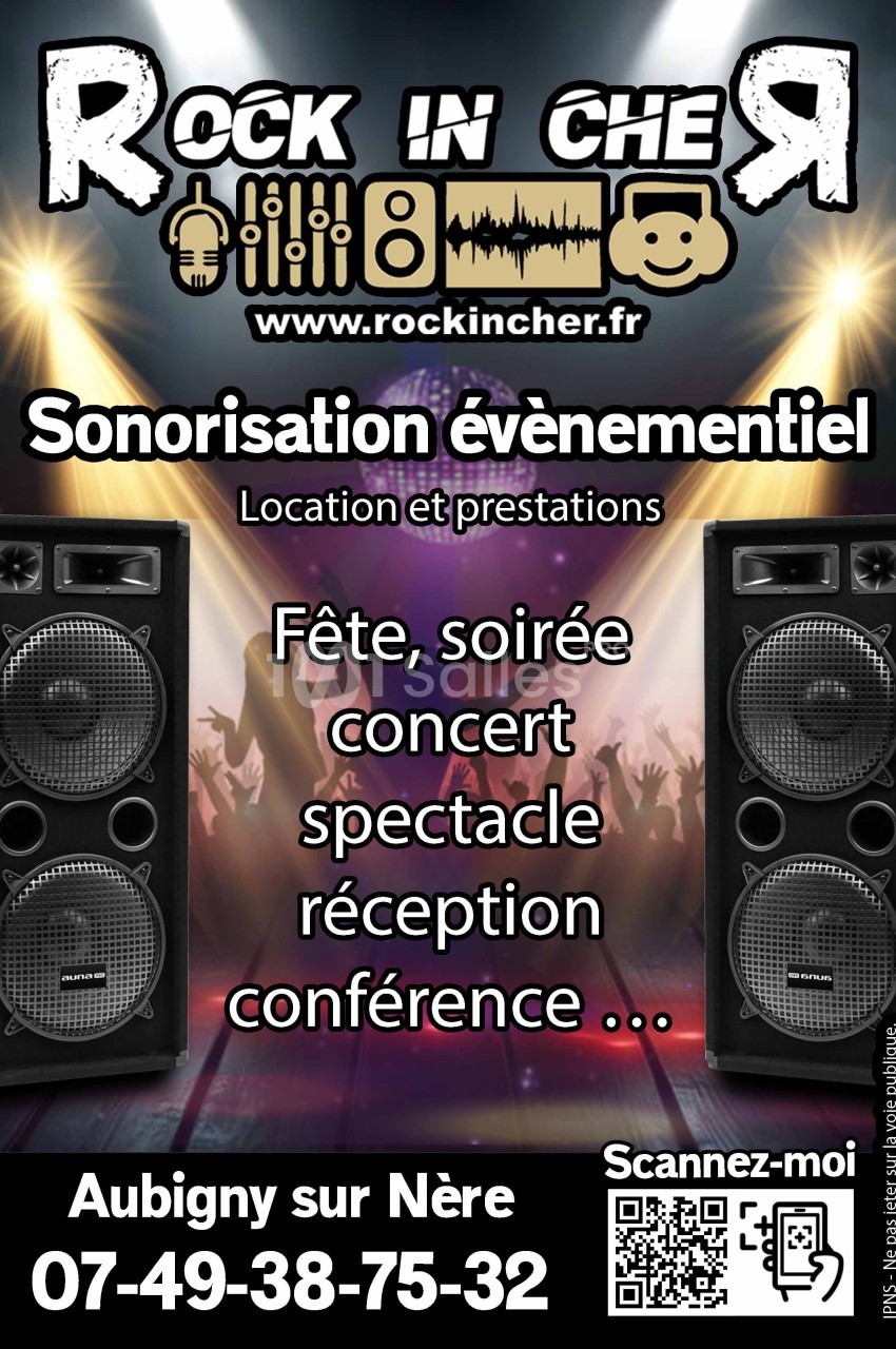 Deux enceintes sur scène avec éclairage coloré en arrière-plan, texte promotionnel pour services de sonorisation…