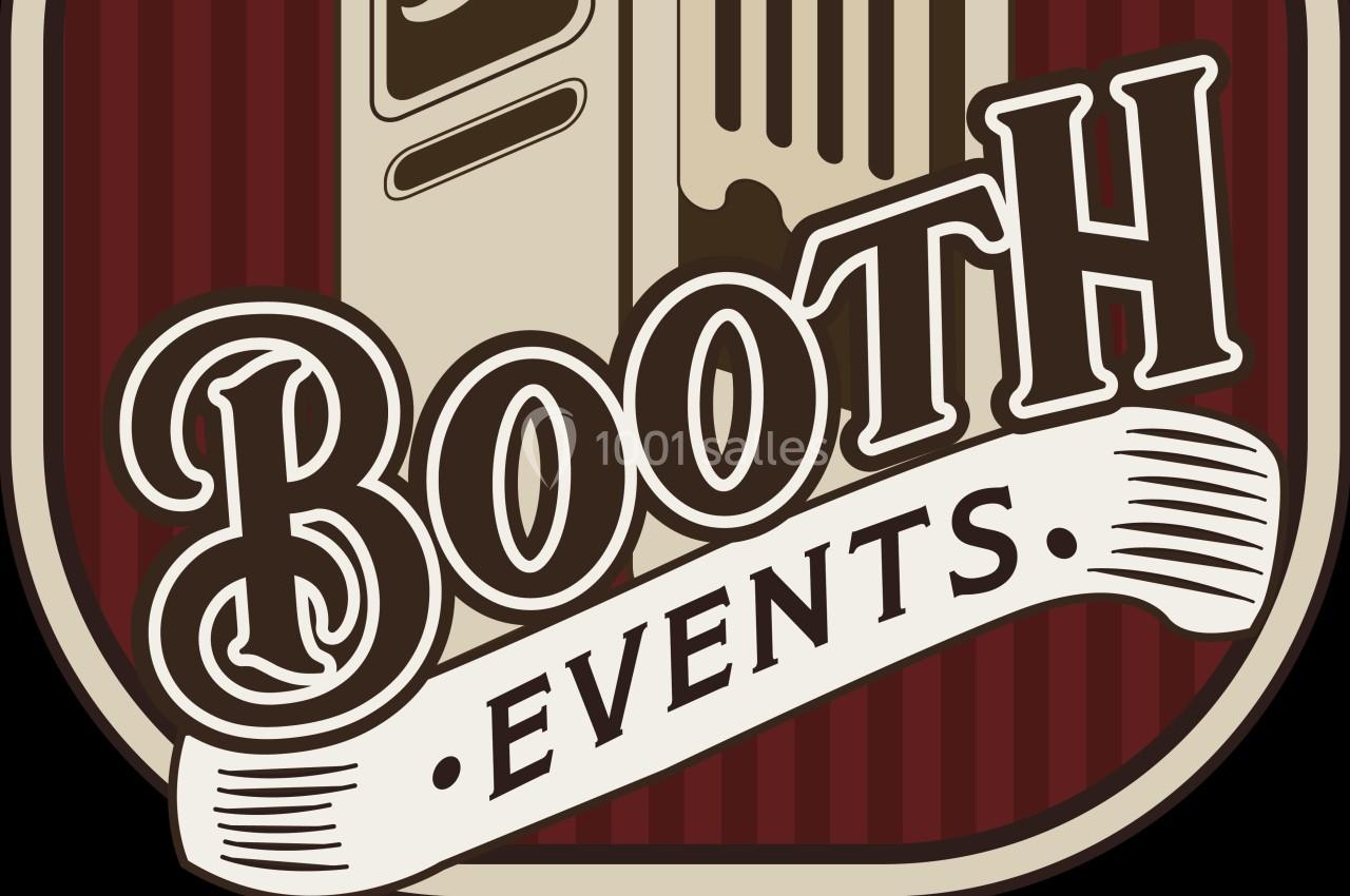 Illustration d'un logo rétro avec le texte ’Booth Events’ sur un fond rayé rouge et beige.