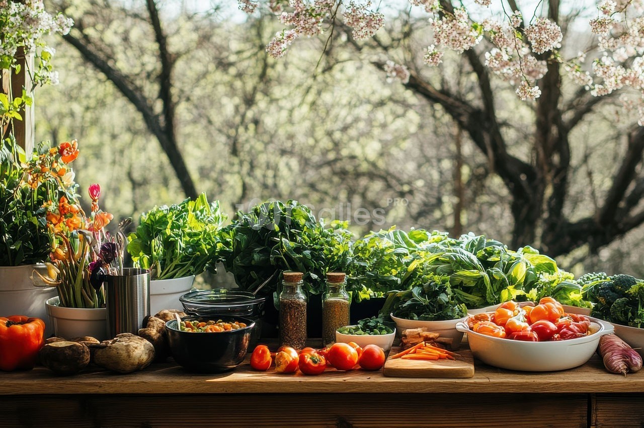 Fruits, légumes frais et herbes disposés sur une table en bois, avec un arrière-plan de jardin fleuri.