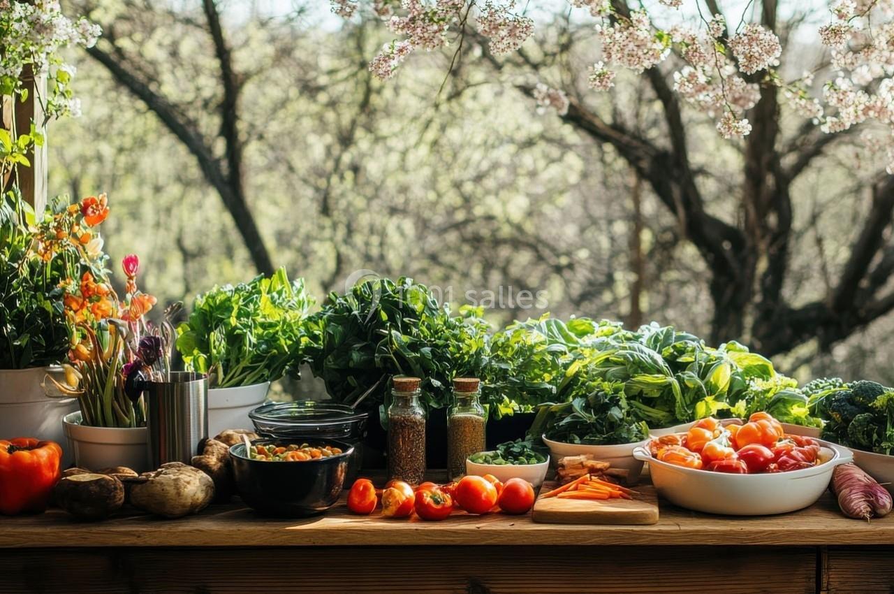 Fruits, légumes et herbes fraîches disposés sur une table en bois, avec un arrière-plan de jardin fleuri.
