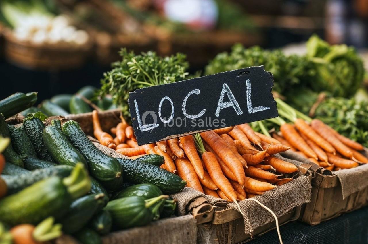 Légumes frais, dont carottes et courgettes, disposés dans des paniers avec une pancarte indiquant ’Local’.