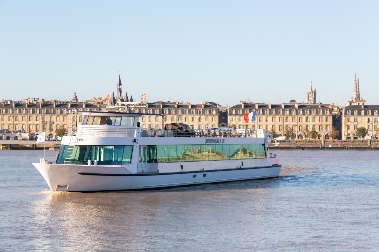 Bateau de croisière naviguant sur un fleuve avec des bâtiments historiques en arrière-plan.