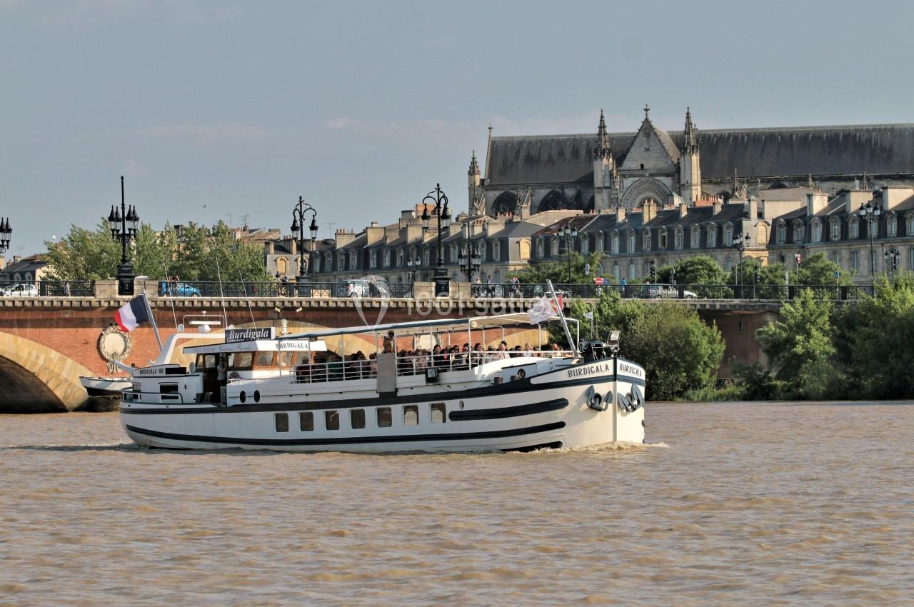 Bateau de croisière naviguant sur un fleuve, avec un pont et des bâtiments historiques en arrière-plan.
