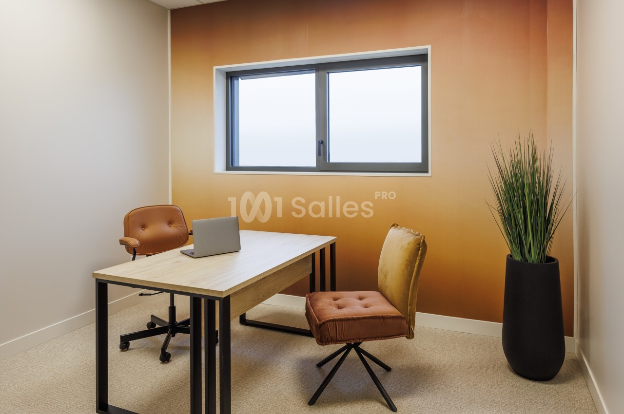 Bureau minimaliste avec deux chaises, une table en bois, un ordinateur portable et une plante en pot près d'une fenêtre.