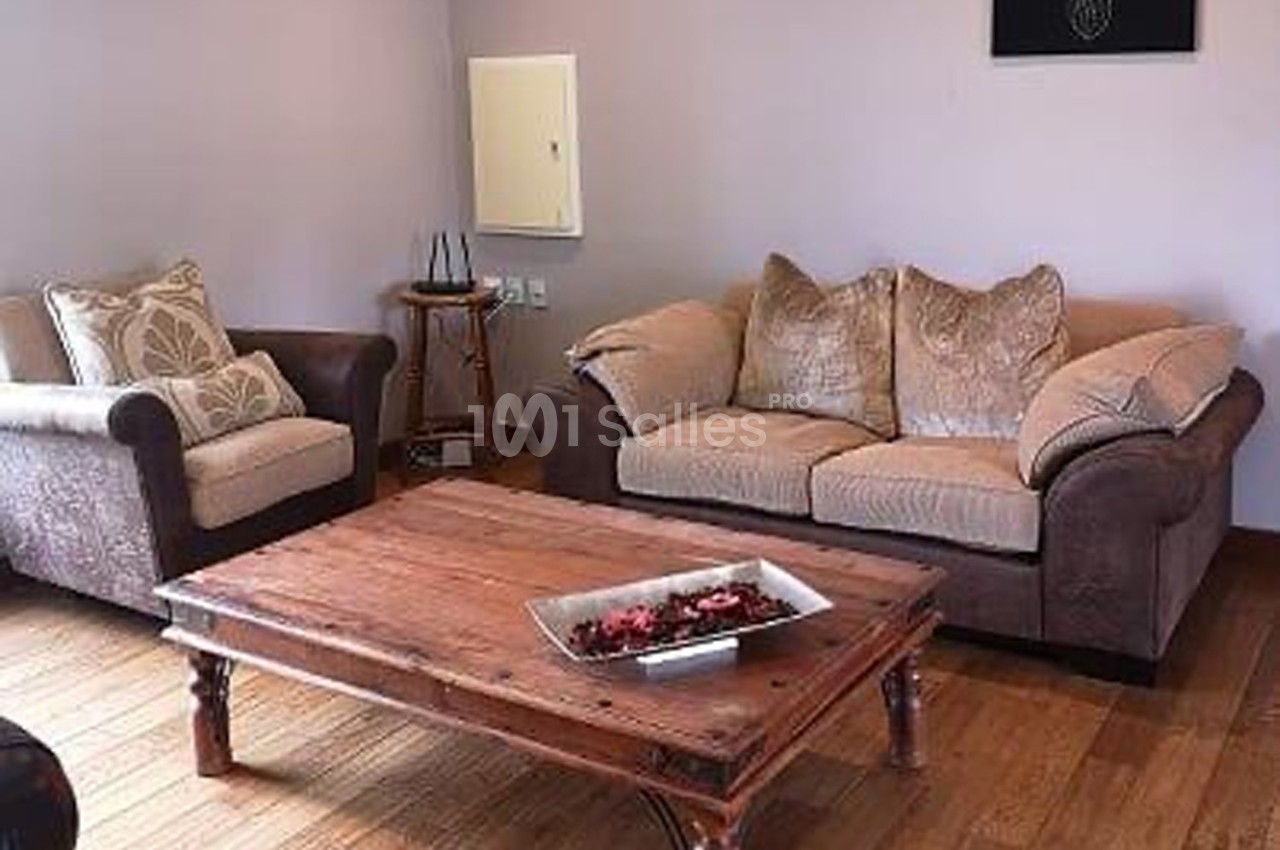 Salon avec un canapé, un fauteuil, une table basse en bois et un plateau décoratif, sur un sol en parquet.