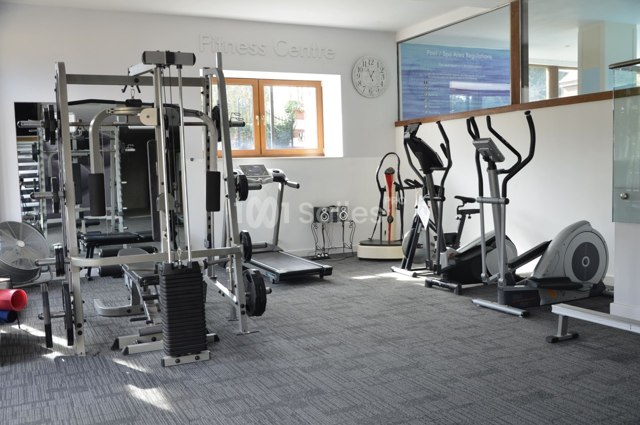 Salle de sport lumineuse avec équipements de musculation, tapis de course et vélos elliptiques.