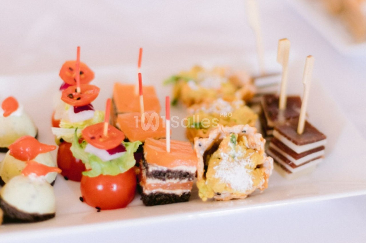 Assortiment de bouchées apéritives colorées sur un plateau, incluant légumes, saumon, fromage et desserts.